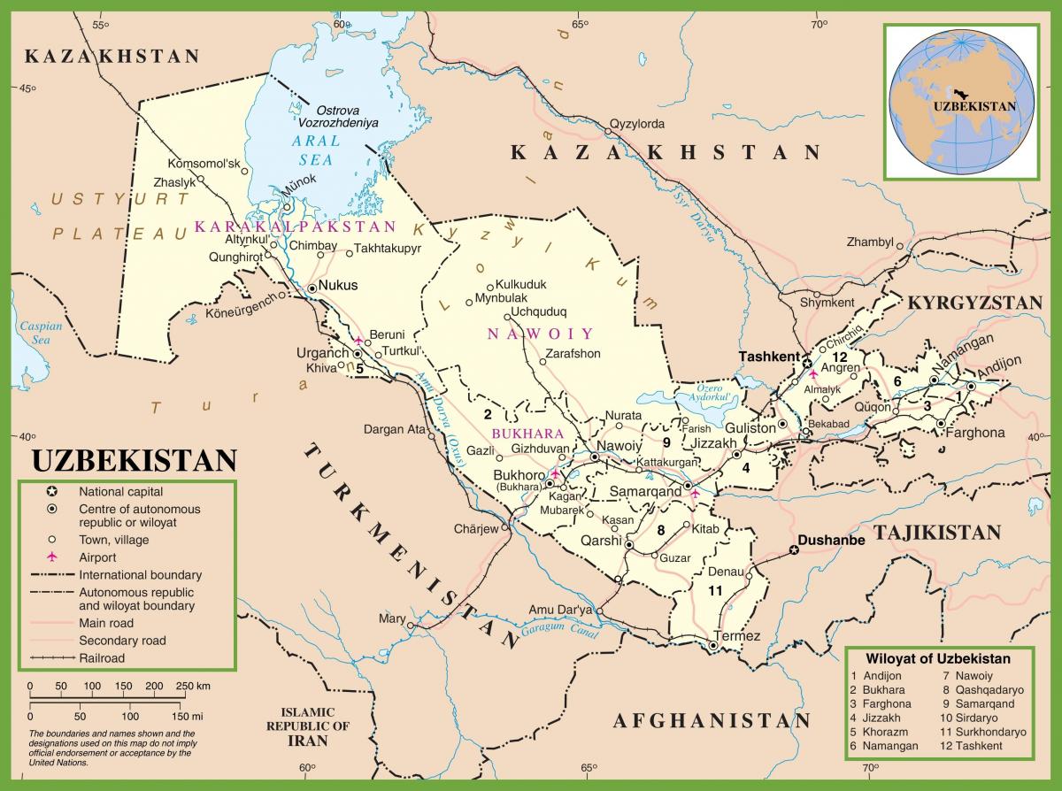 kartes Uzbekistānas politisko 